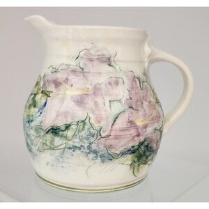 Studio Pottery Floral Pitcher Signed 1986 Cream Lavender Pink Excellent 6in